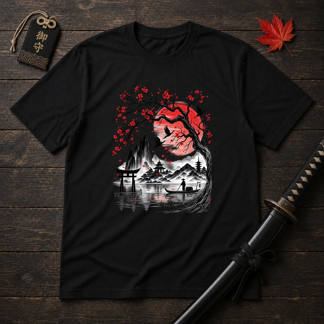 Crimson Sun And Pagoda T-Shirt
