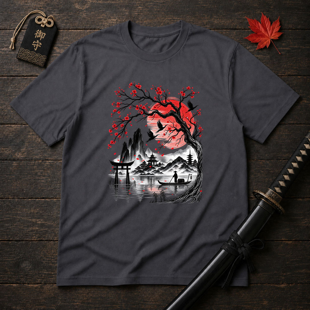 Crimson Sun And Pagoda T-Shirt