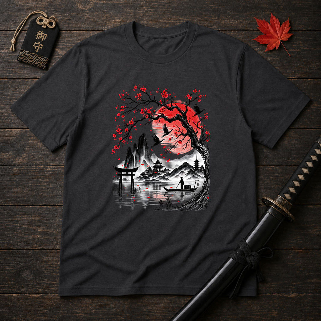 Crimson Sun And Pagoda T-Shirt
