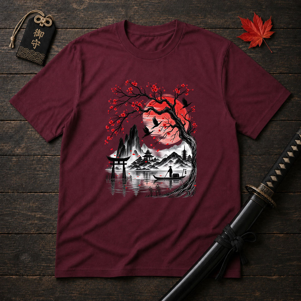 Crimson Sun And Pagoda T-Shirt