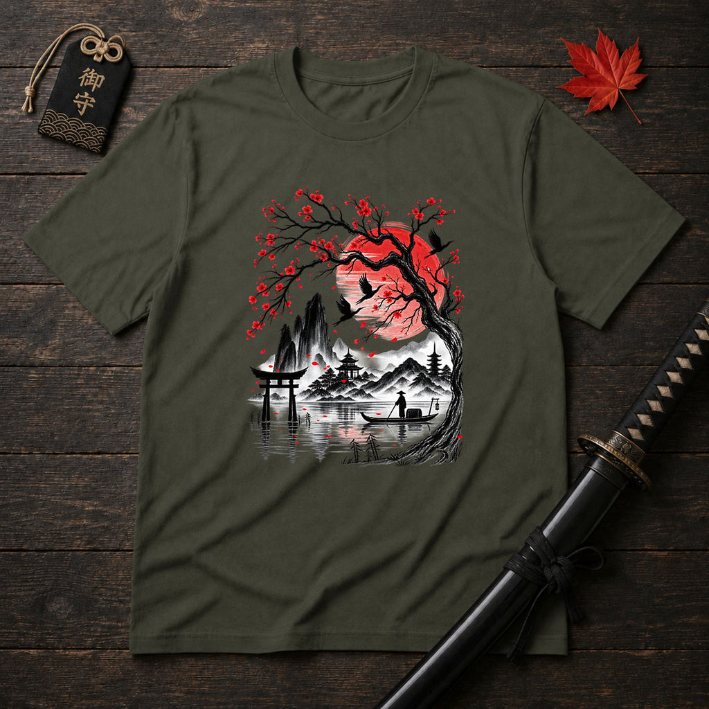 Crimson Sun And Pagoda T-Shirt