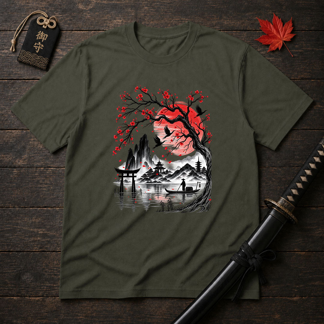 Crimson Sun And Pagoda T-Shirt