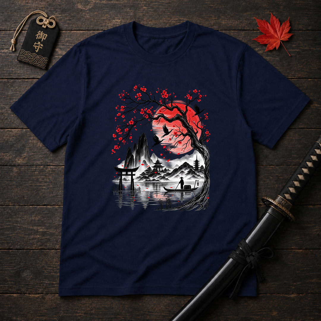 Crimson Sun And Pagoda T-Shirt