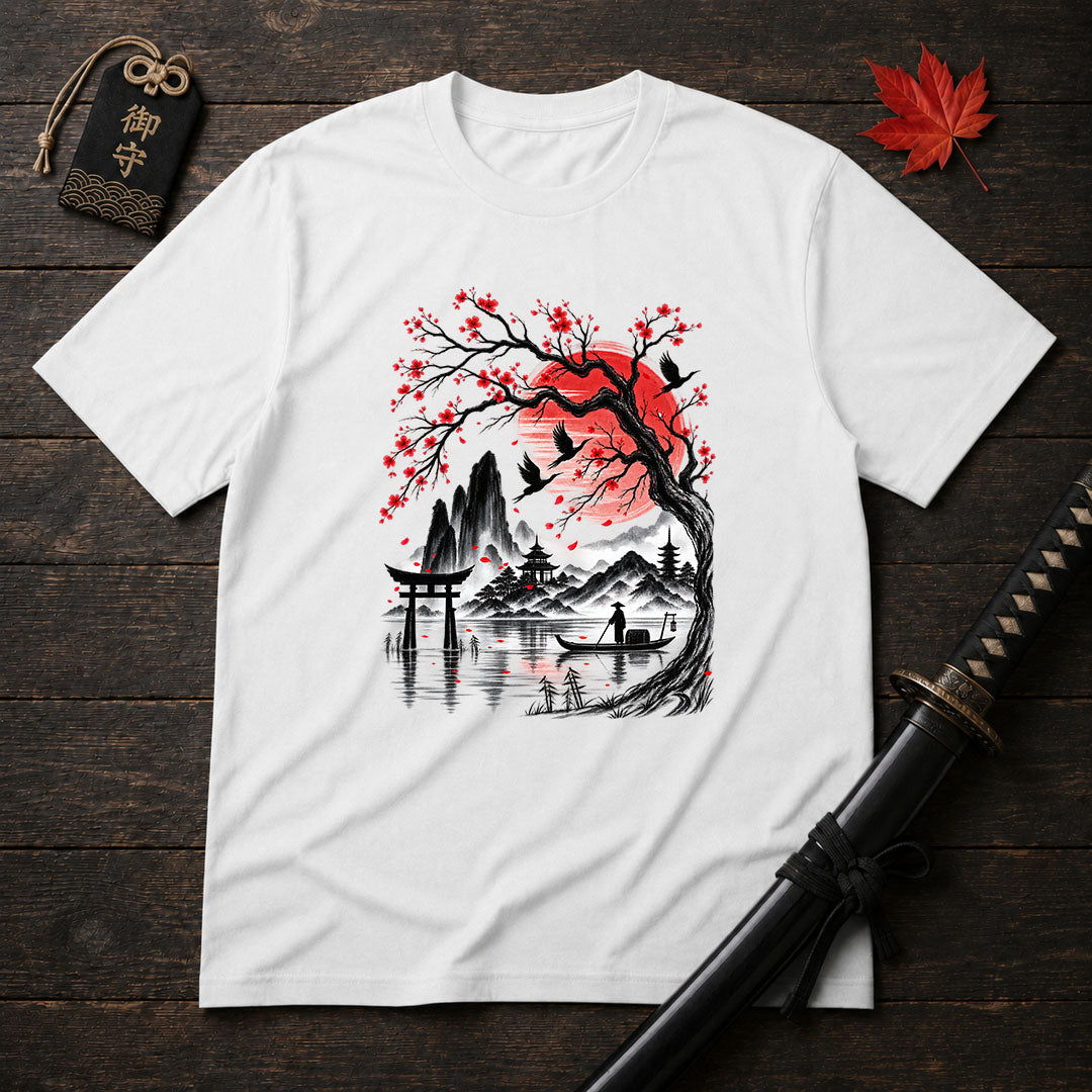 Crimson Sun And Pagoda T-Shirt