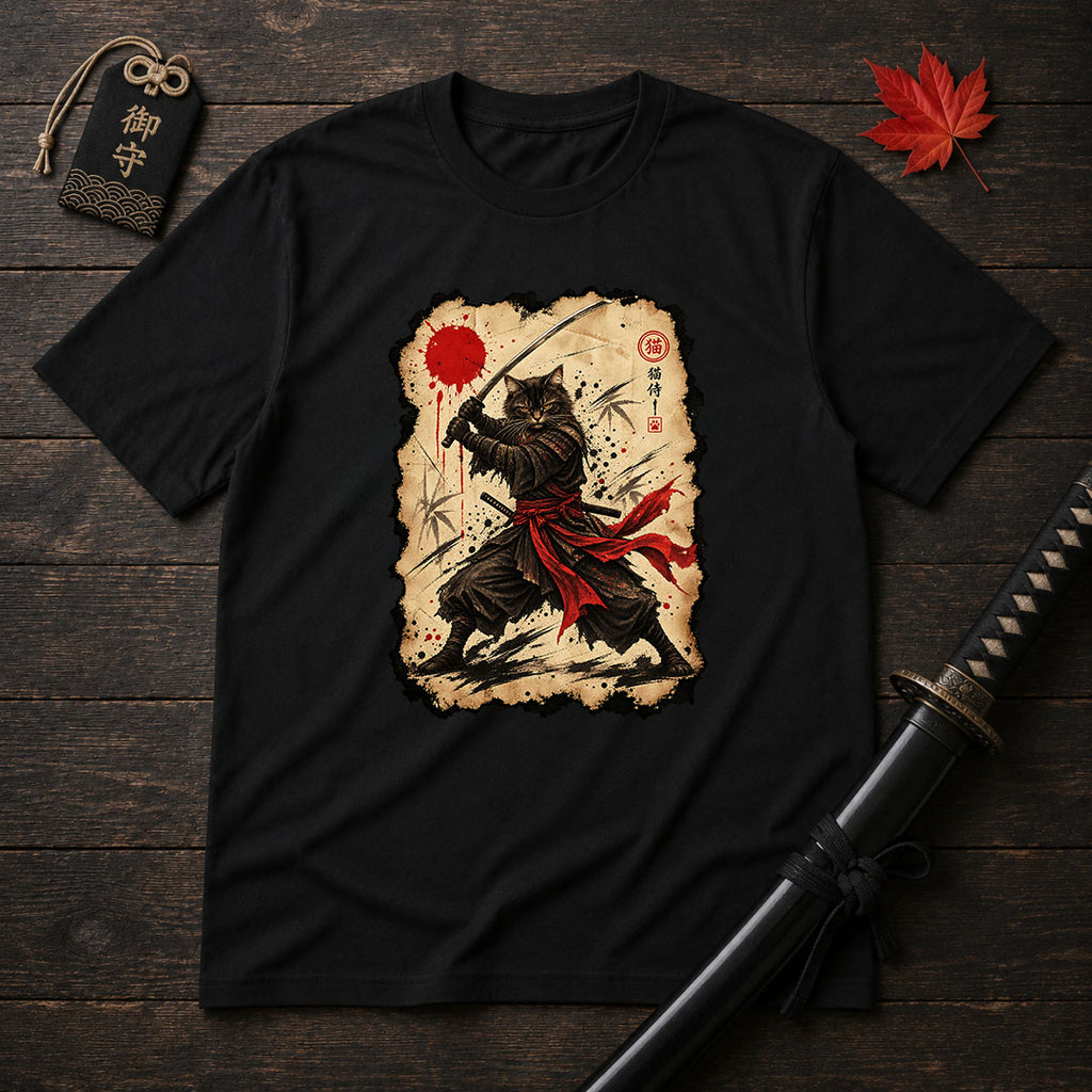 Red Sash Katana Cat T-Shirt