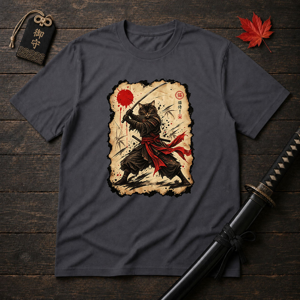 Red Sash Katana Cat T-Shirt