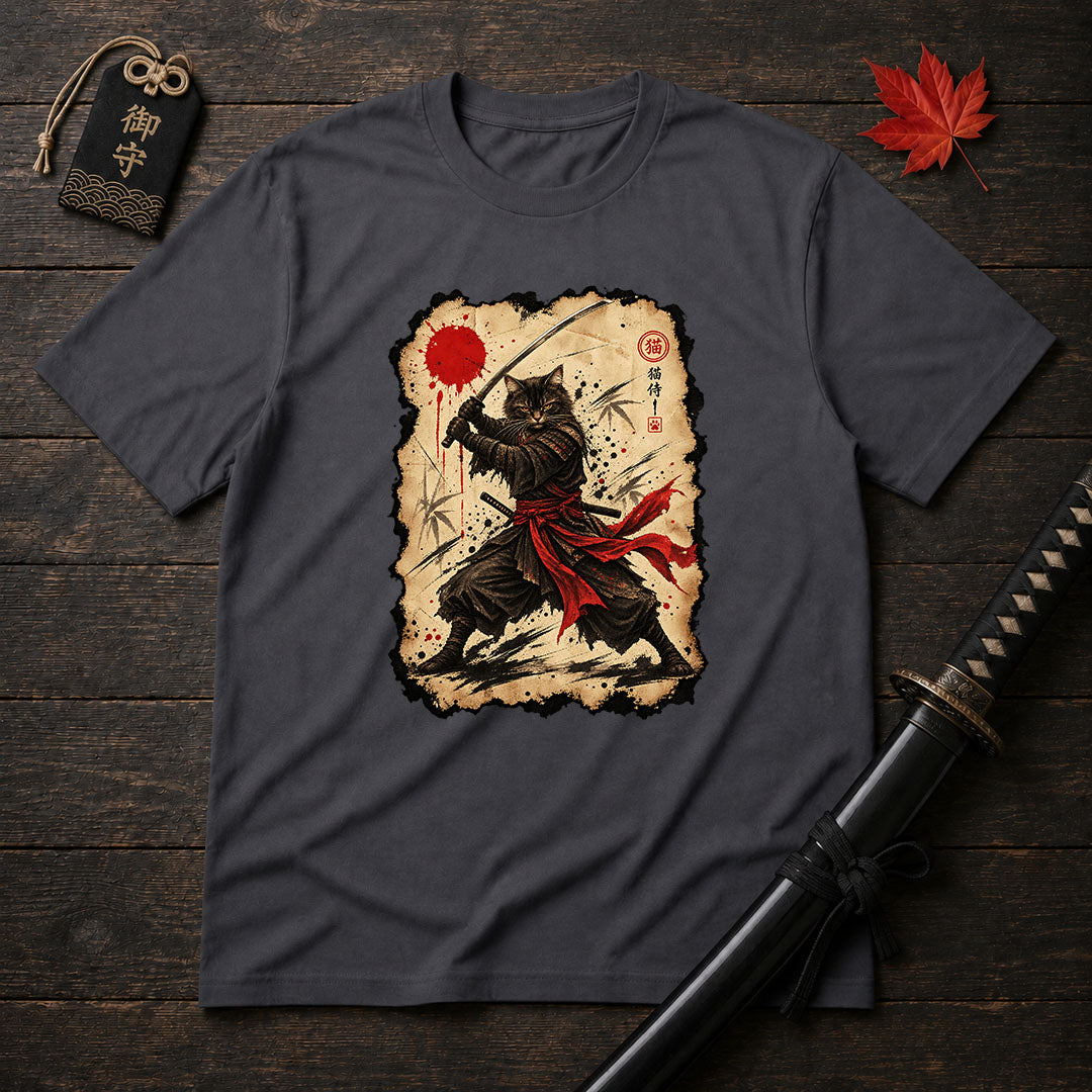 Red Sash Katana Cat T-Shirt