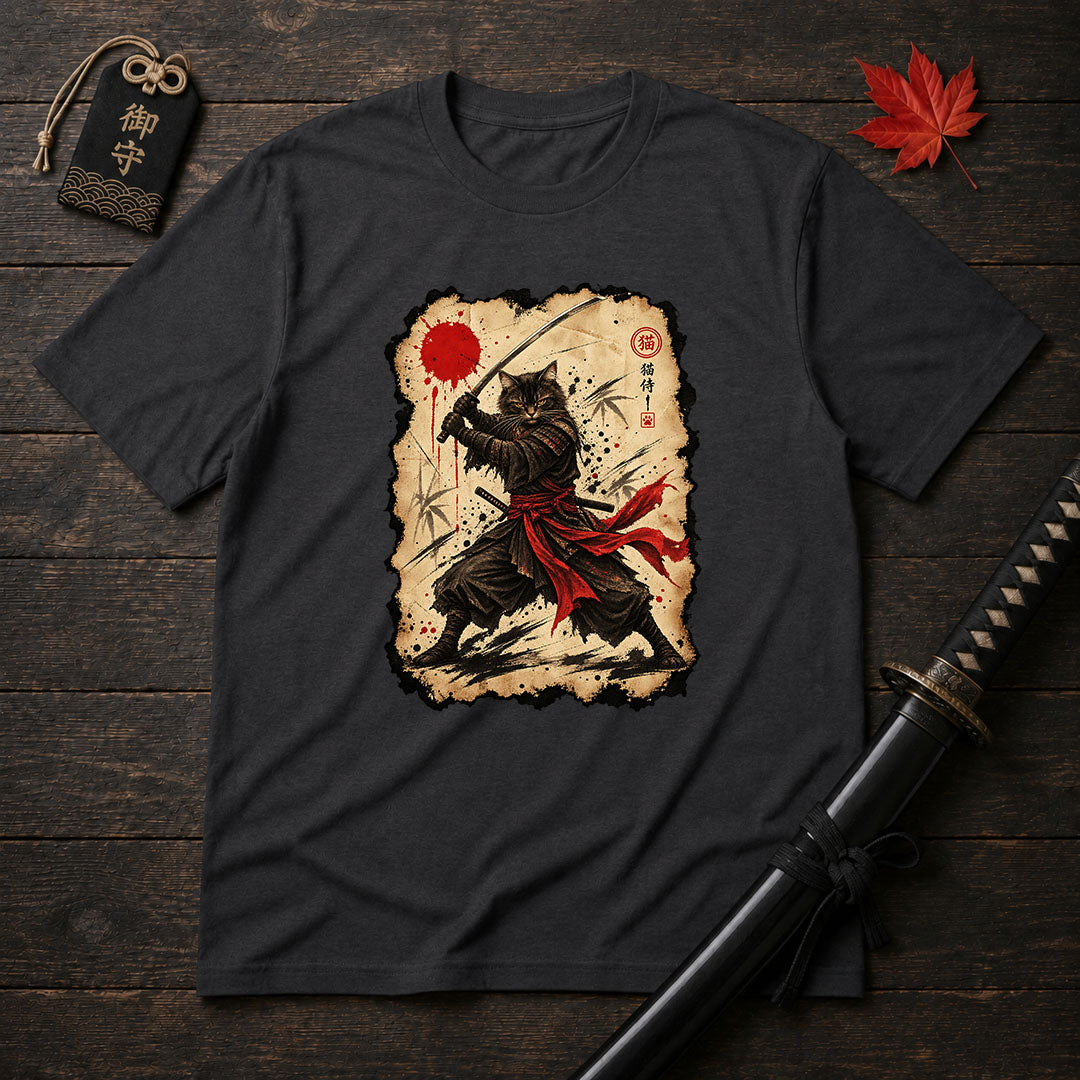 Red Sash Katana Cat T-Shirt