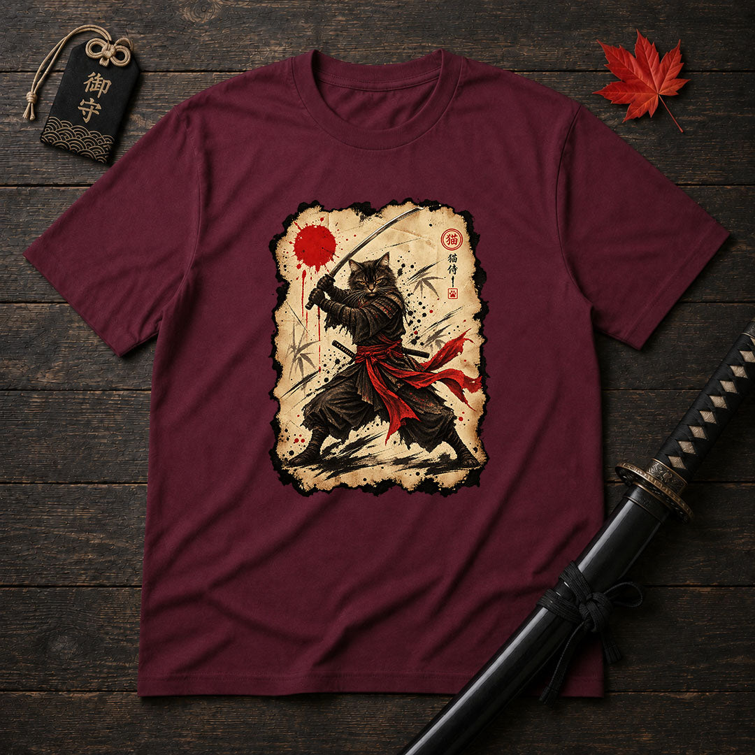 Red Sash Katana Cat T-Shirt