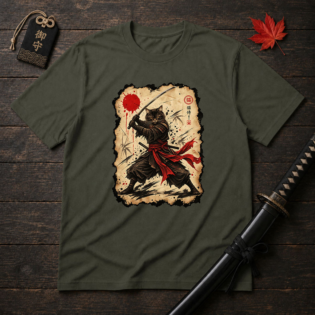 Red Sash Katana Cat T-Shirt