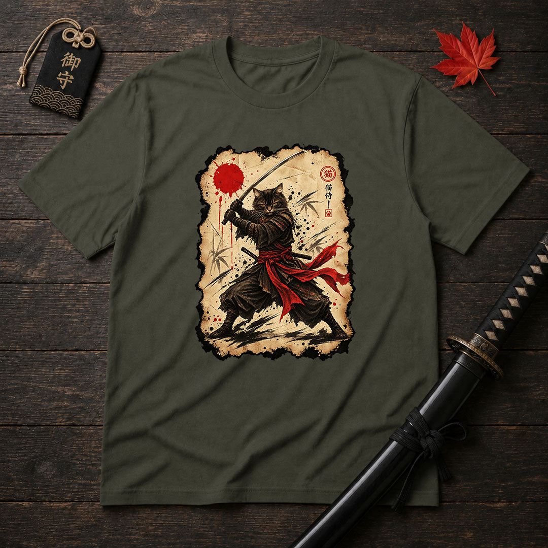 Red Sash Katana Cat T-Shirt
