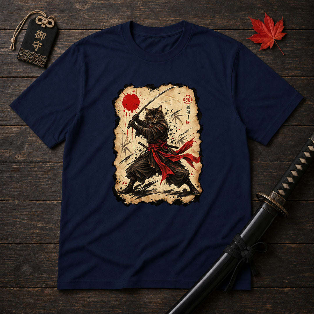 Red Sash Katana Cat T-Shirt