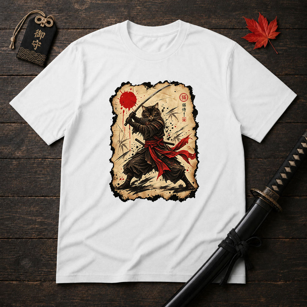 Red Sash Katana Cat T-Shirt