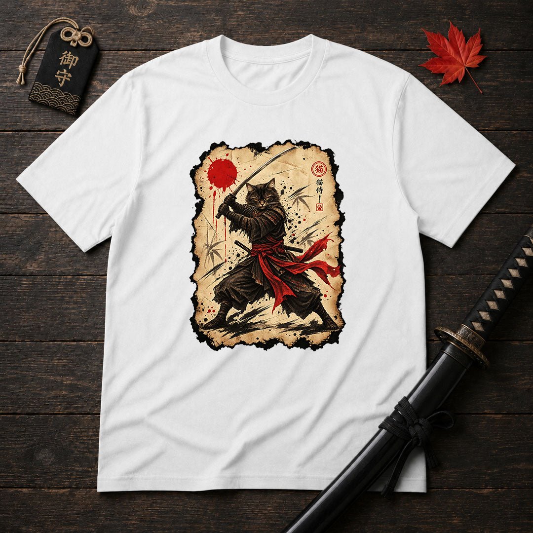 Red Sash Katana Cat T-Shirt