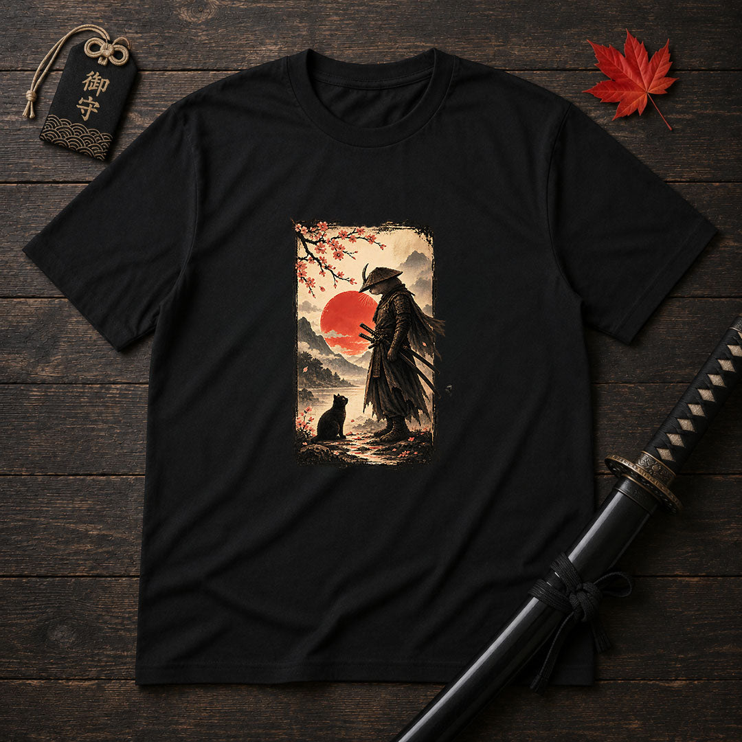 Samurai and Cat Sunset T-Shirt