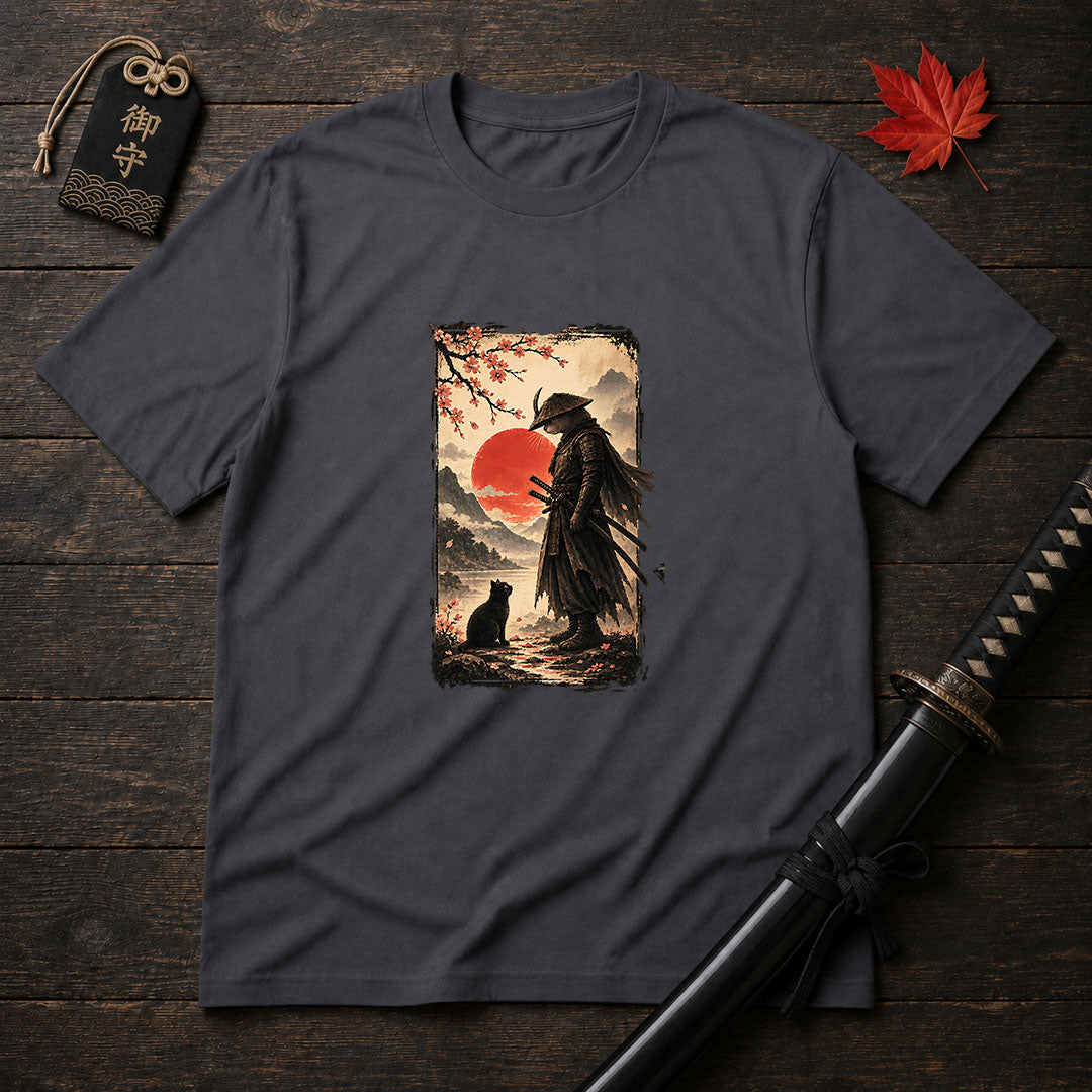 Samurai and Cat Sunset T-Shirt