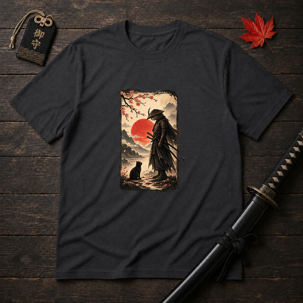 Samurai and Cat Sunset T-Shirt