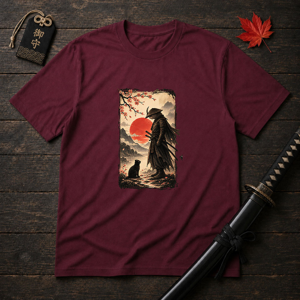 Samurai and Cat Sunset T-Shirt