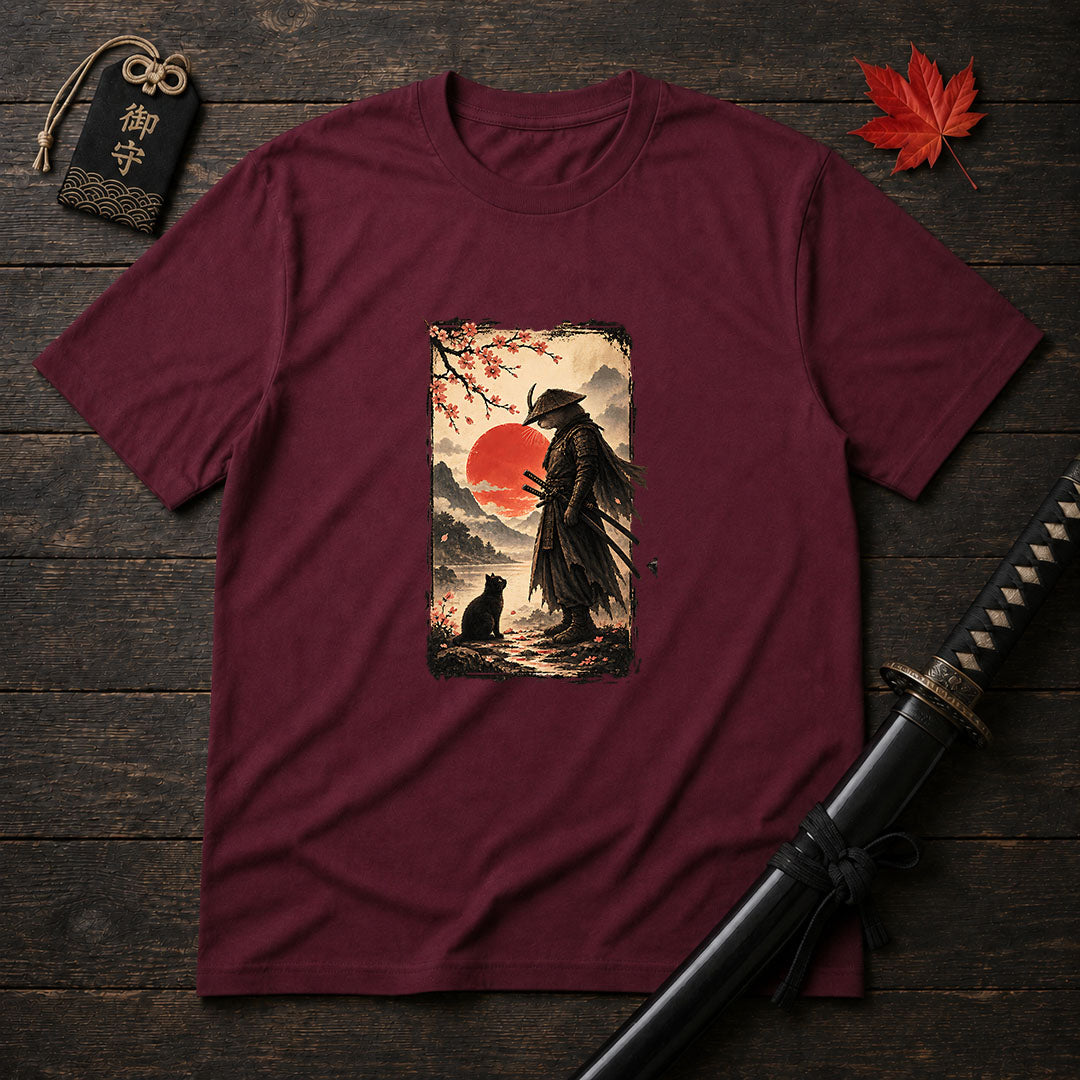 Samurai and Cat Sunset T-Shirt
