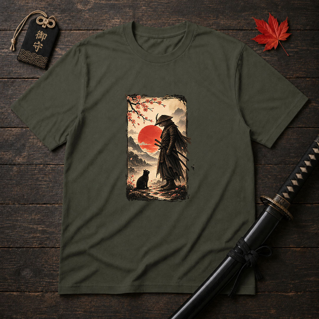Samurai and Cat Sunset T-Shirt