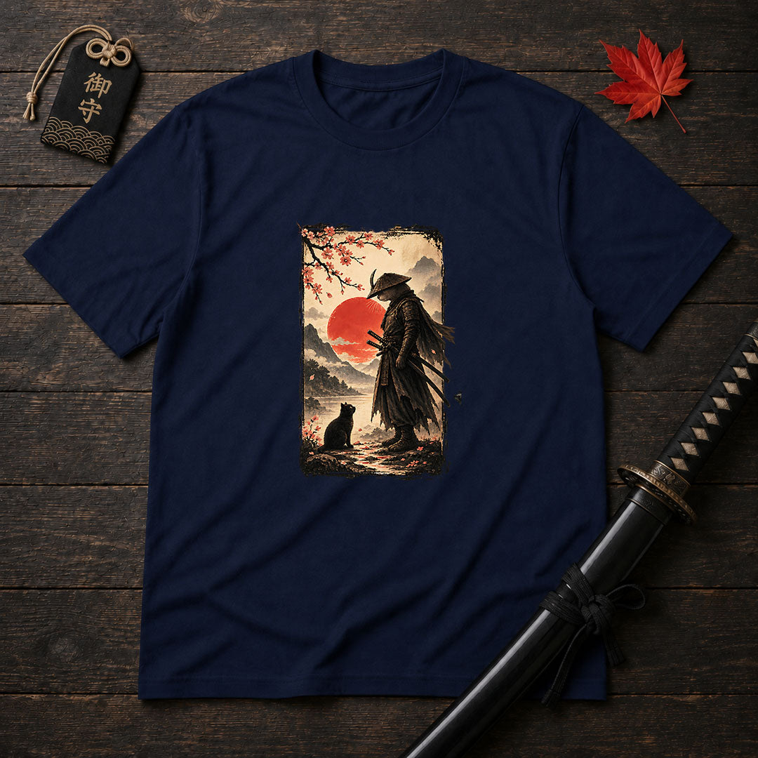 Samurai and Cat Sunset T-Shirt