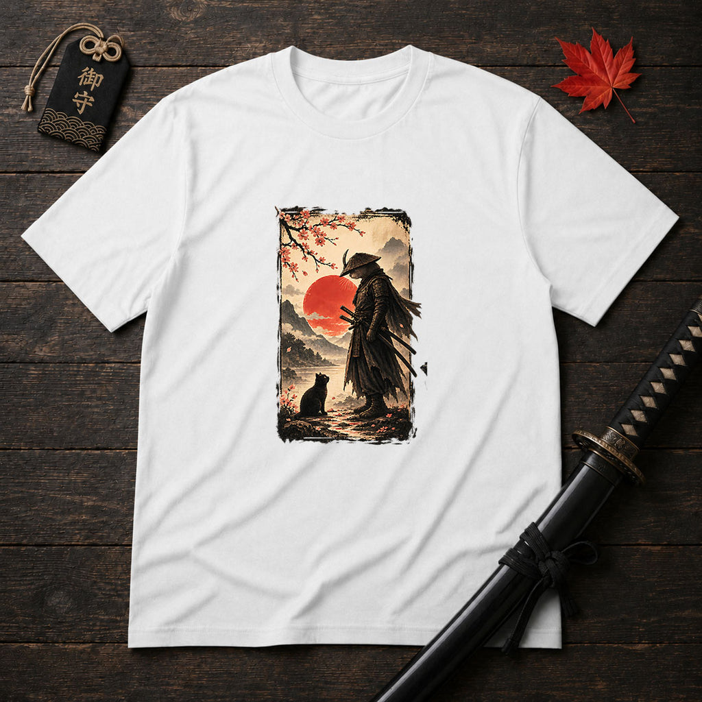 Samurai and Cat Sunset T-Shirt