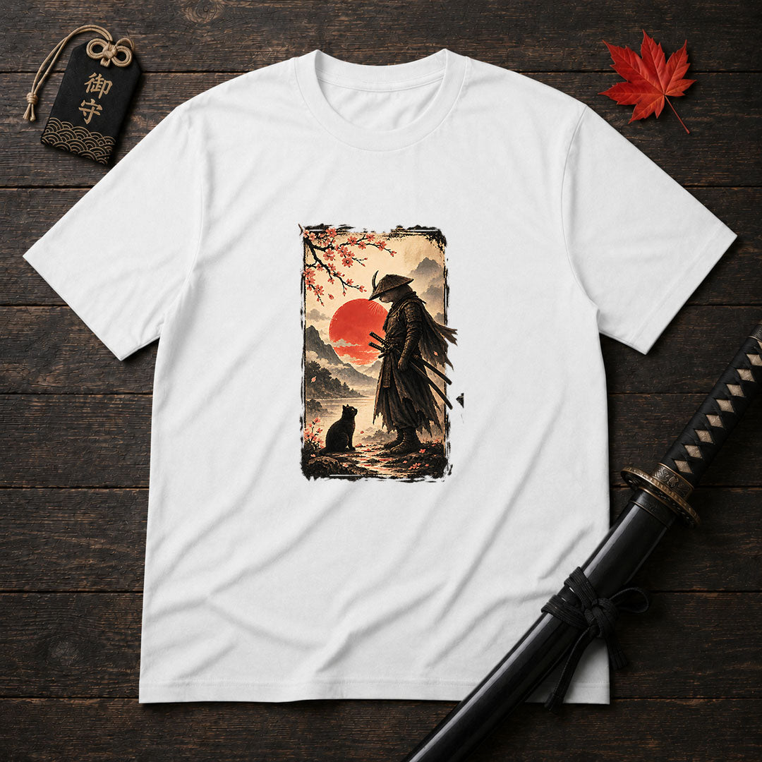 Samurai and Cat Sunset T-Shirt