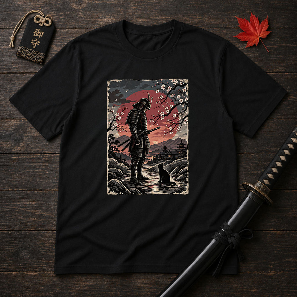 Samurai and Moonlit Cat T-Shirt