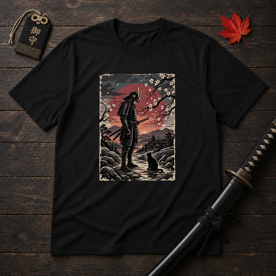 Samurai and Moonlit Cat T-Shirt