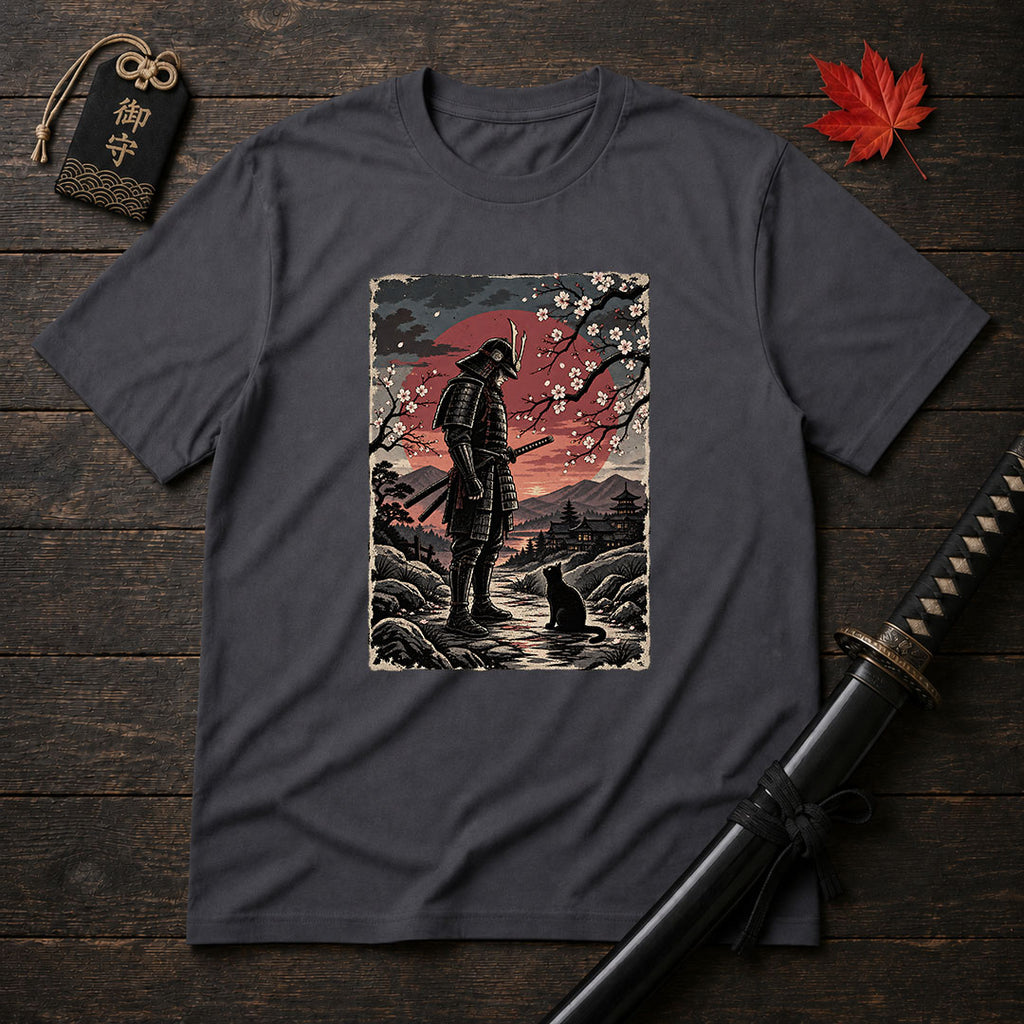 Samurai and Moonlit Cat T-Shirt