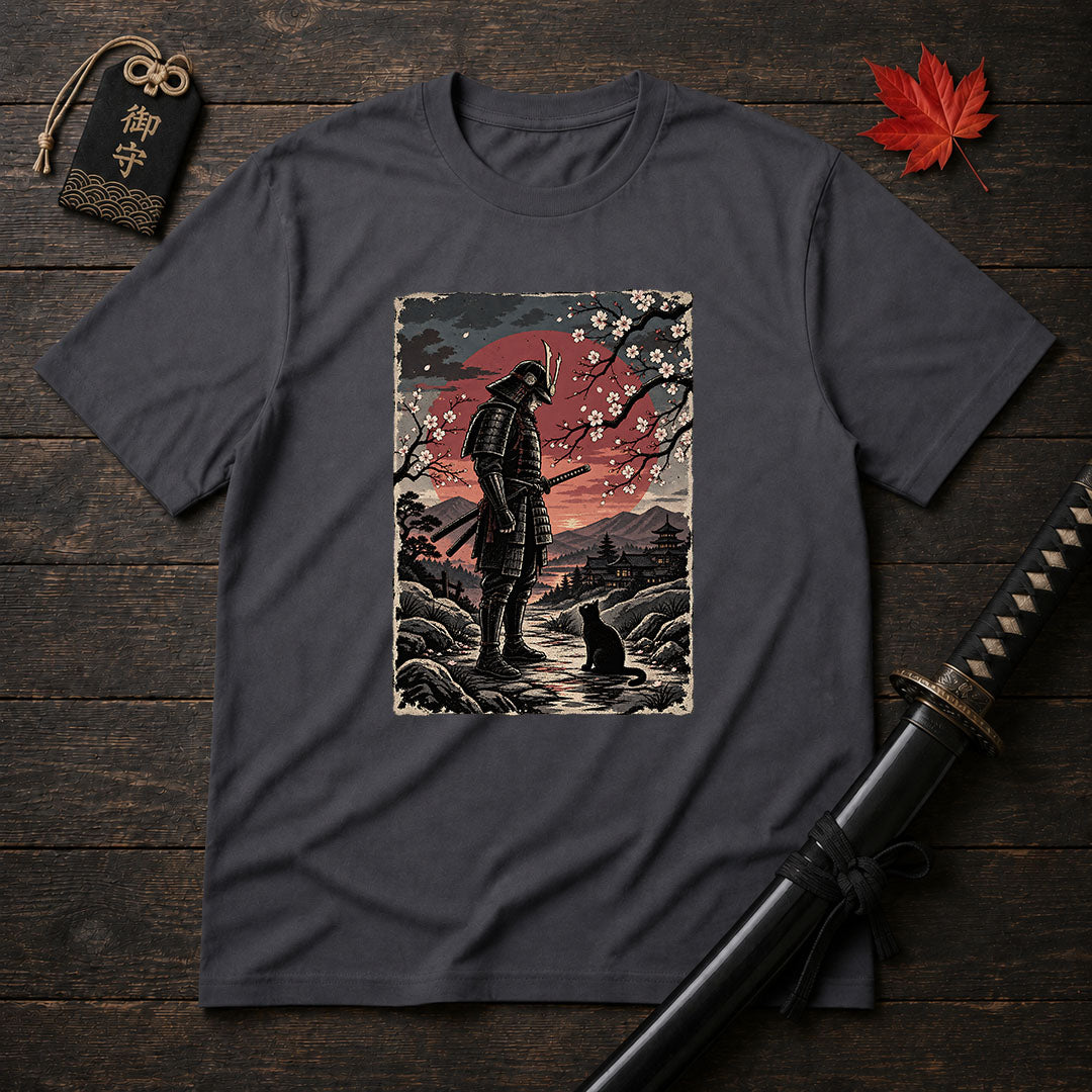 Samurai and Moonlit Cat T-Shirt