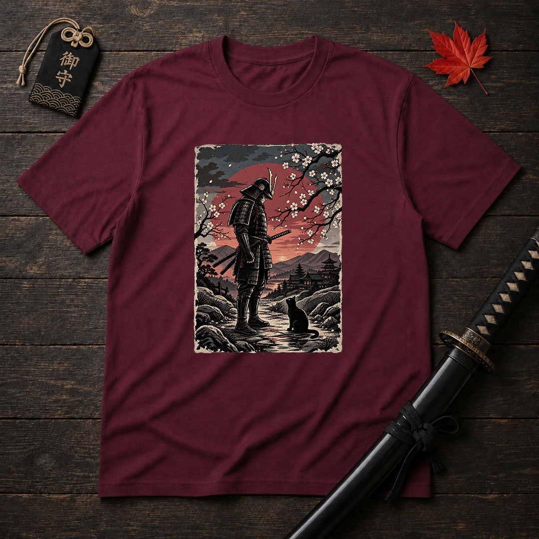 Samurai and Moonlit Cat T-Shirt