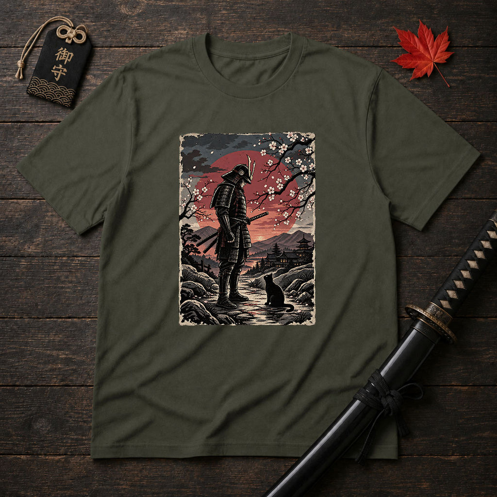Samurai and Moonlit Cat T-Shirt