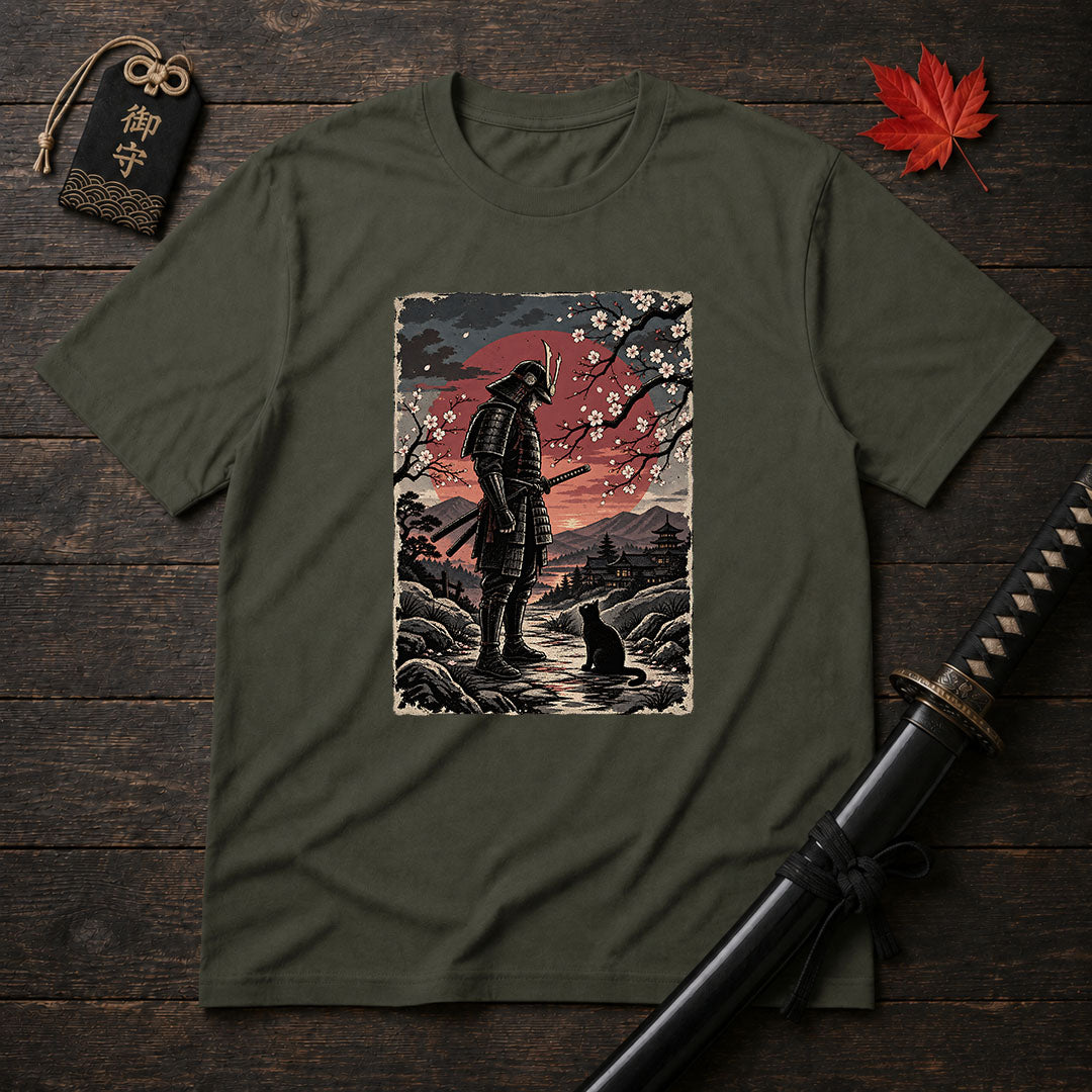 Samurai and Moonlit Cat T-Shirt