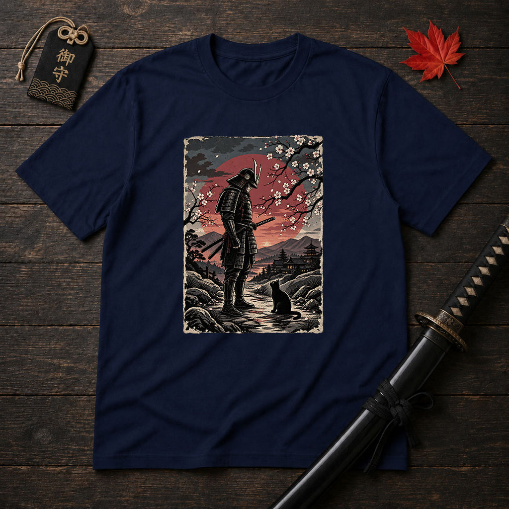 Samurai and Moonlit Cat T-Shirt