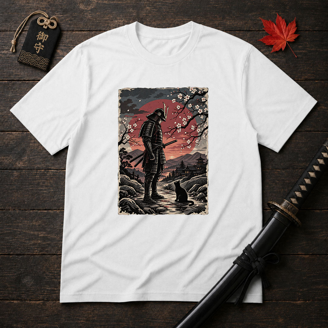 Samurai and Moonlit Cat T-Shirt