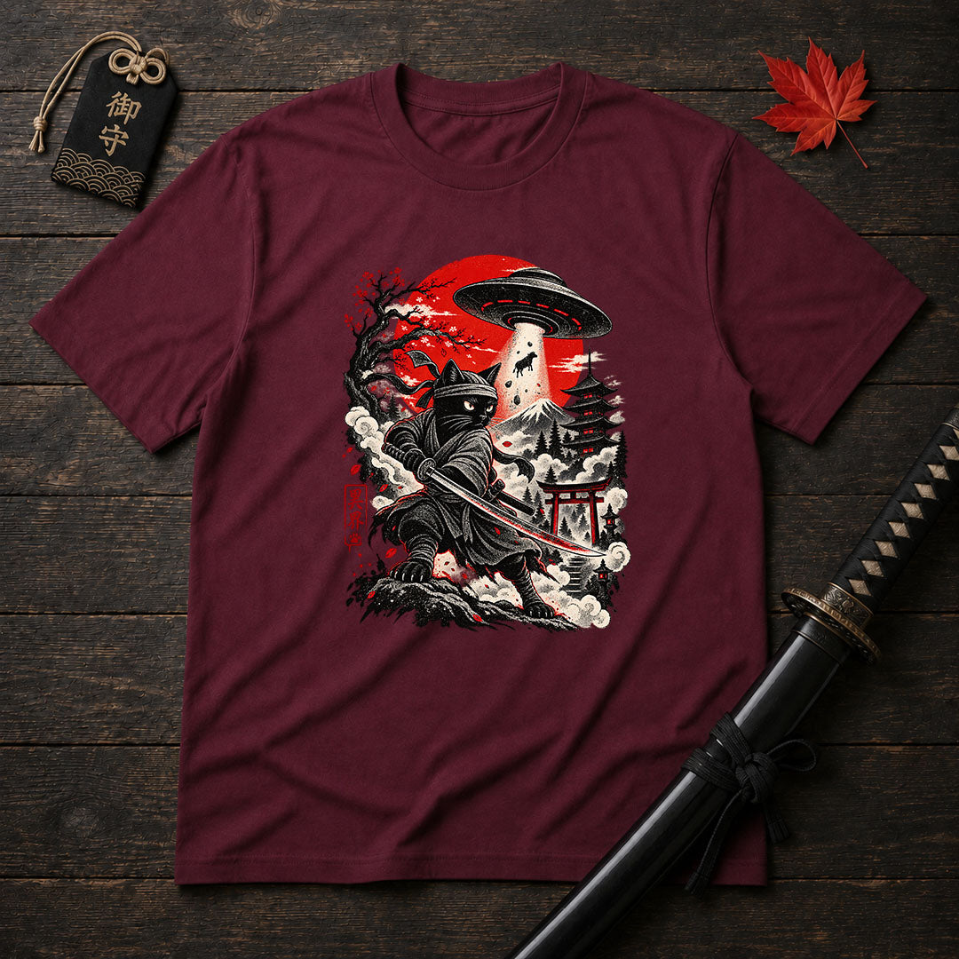 Samurai Cat And UFO T-Shirt