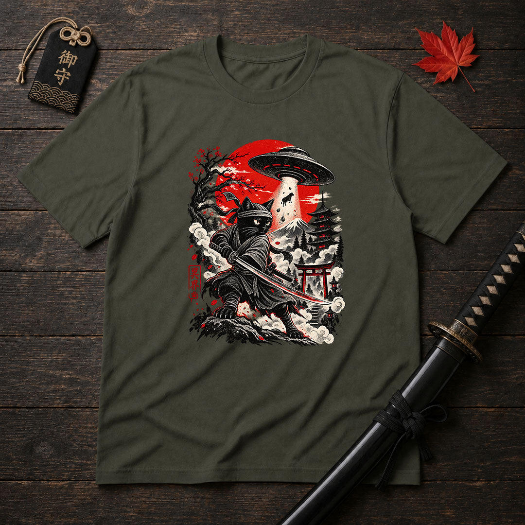 Samurai Cat And UFO T-Shirt
