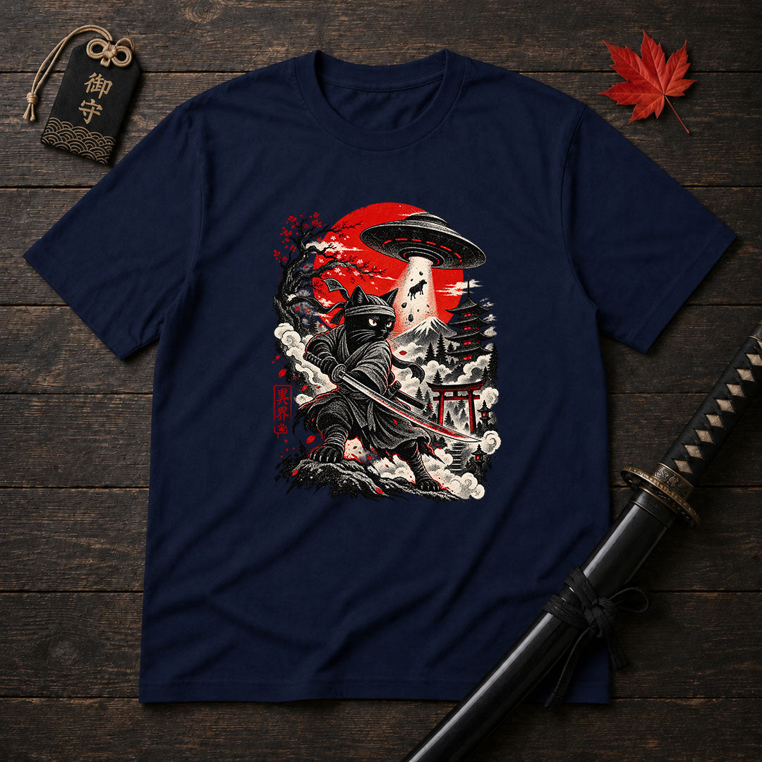 Samurai Cat And UFO T-Shirt