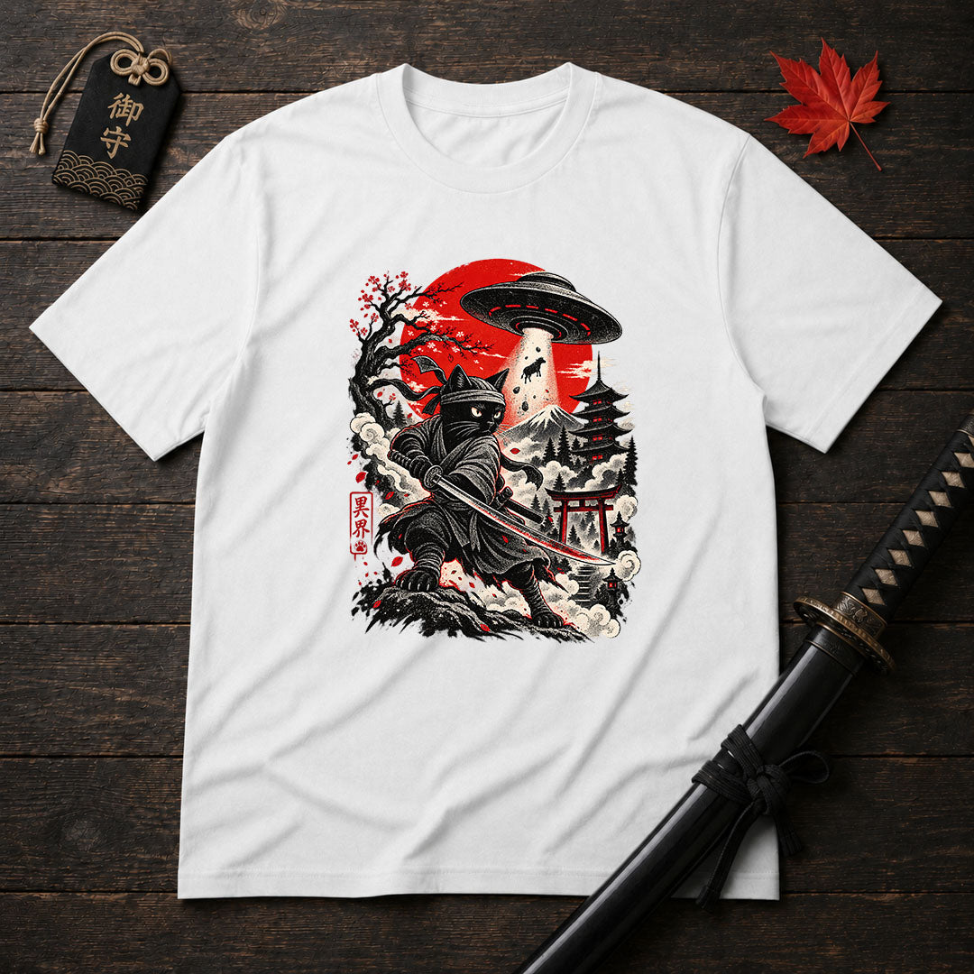 Samurai Cat And UFO T-Shirt