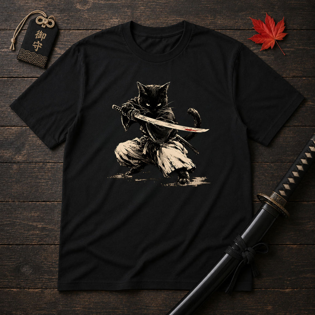Samurai Cat Drawn Art T-Shirt