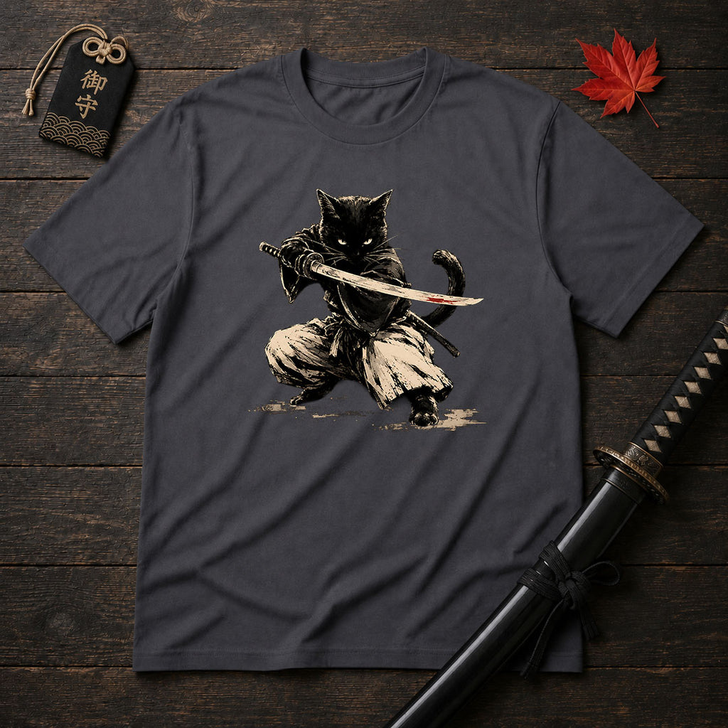 Samurai Cat Drawn Art T-Shirt