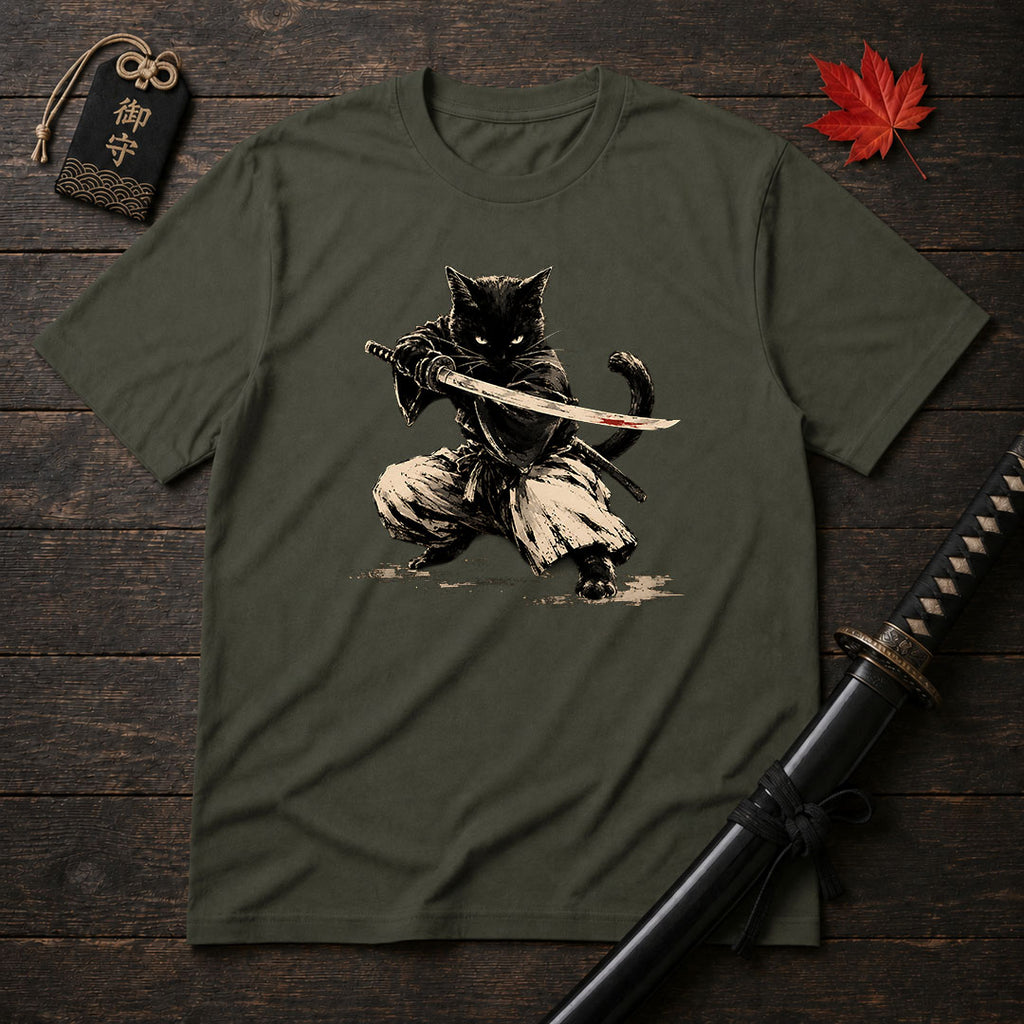 Samurai Cat Drawn Art T-Shirt