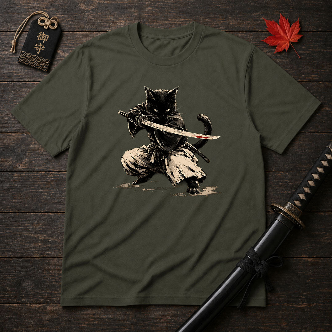 Samurai Cat Drawn Art T-Shirt