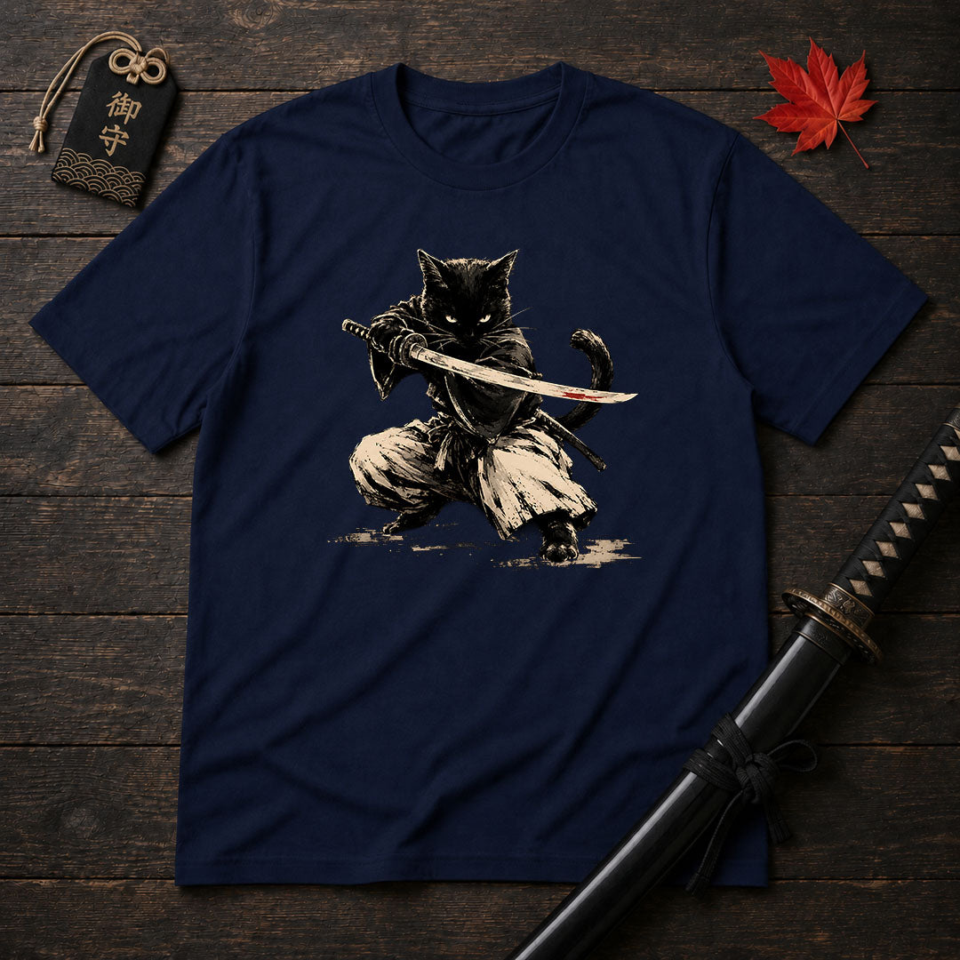 Samurai Cat Drawn Art T-Shirt