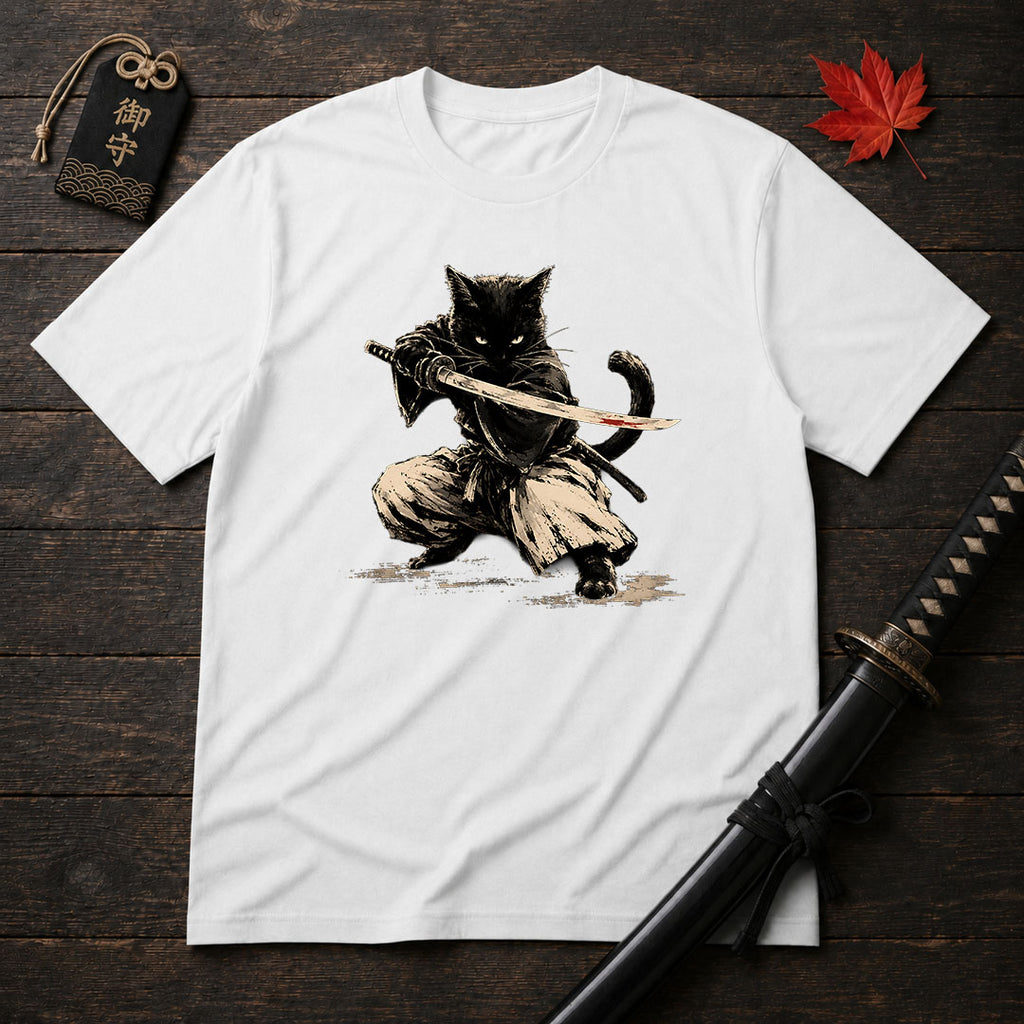Samurai Cat Drawn Art T-Shirt
