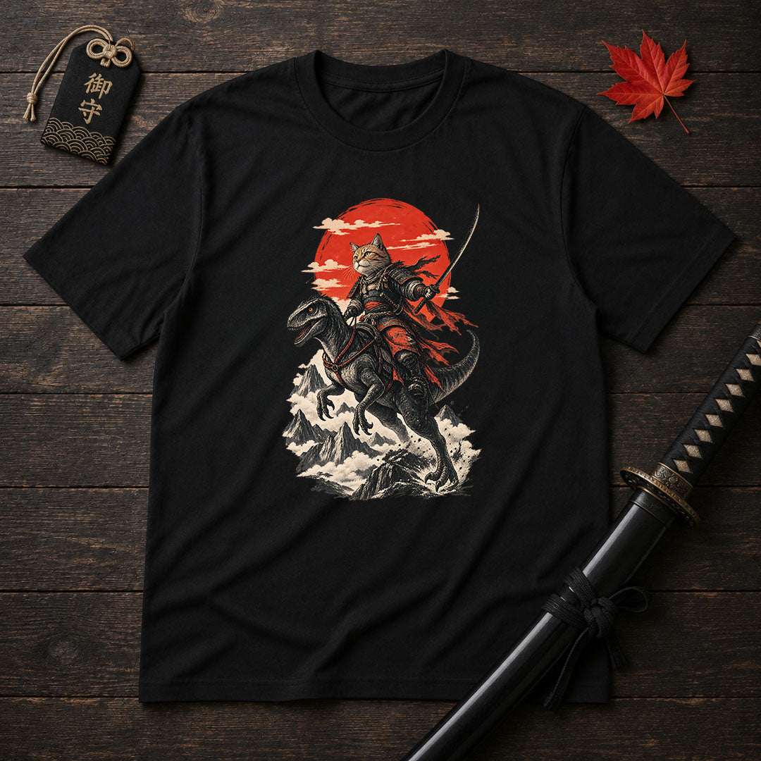 Samurai Cat Riding Raptor T-Shirt