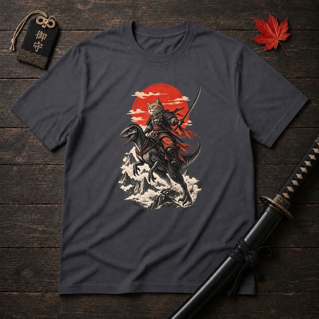 Samurai Cat Riding Raptor T-Shirt