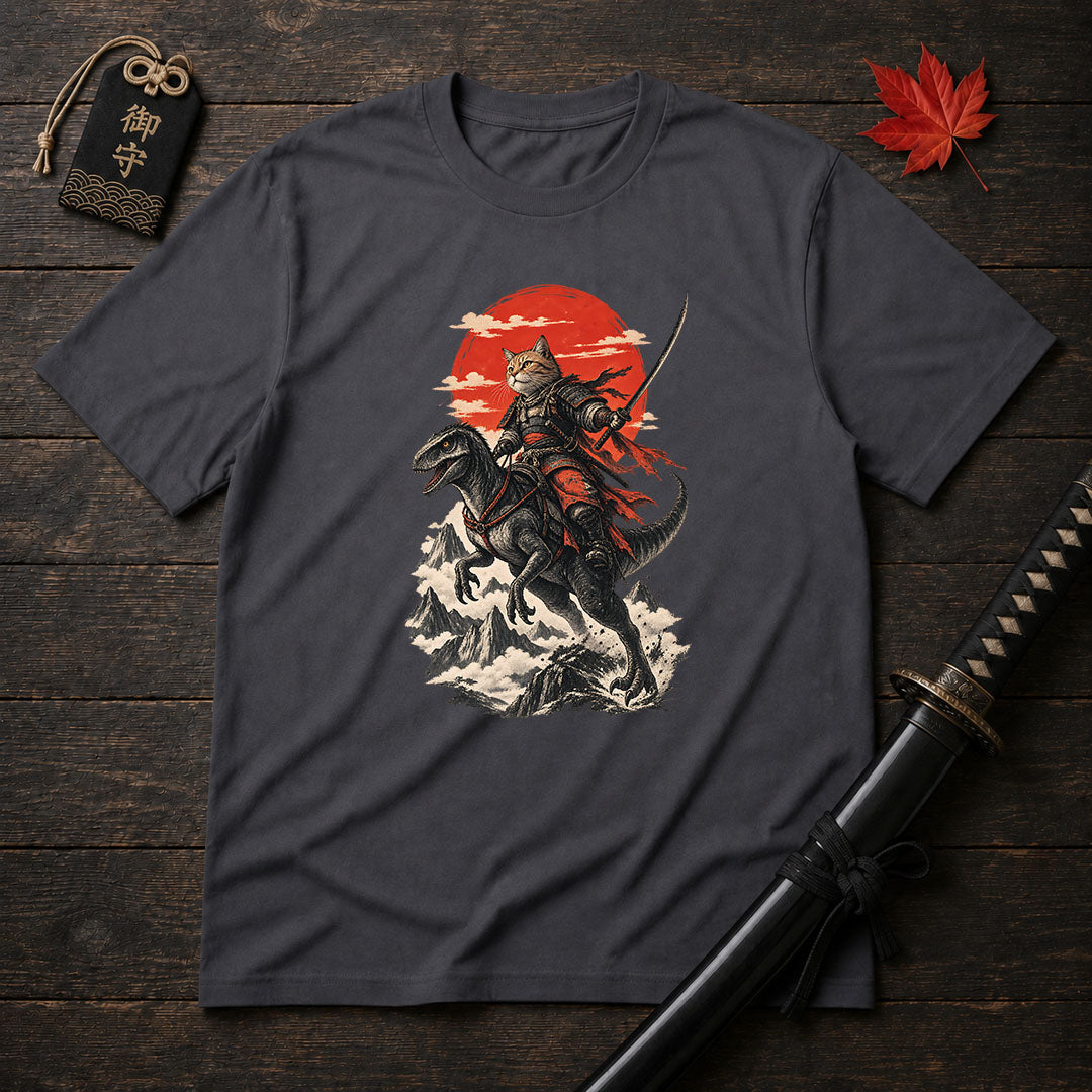 Samurai Cat Riding Raptor T-Shirt