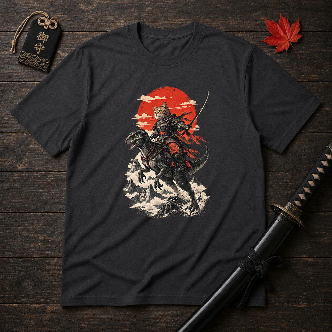 Samurai Cat Riding Raptor T-Shirt